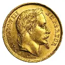 1861-1870 フランス 金貨 20 フラン ナポレオン 3 世桂冠 BU