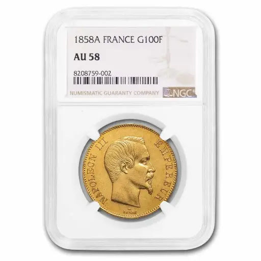 [2025308058] 1858-A France Gold 100 Francs Napoleon III AU-58 NGC